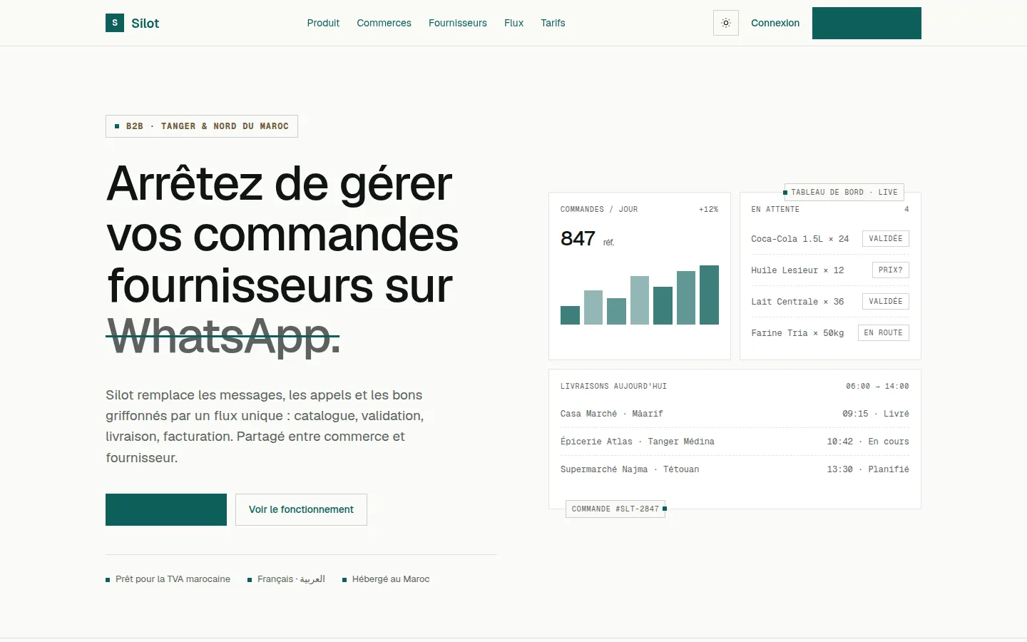 Silot — plateforme B2B de flux de commandes entre commerces et fournisseurs marocains, conçue à Tanger